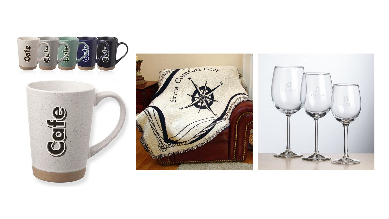 ear-end client gift ideas: speckled mug, throw blanket, and wine glass.