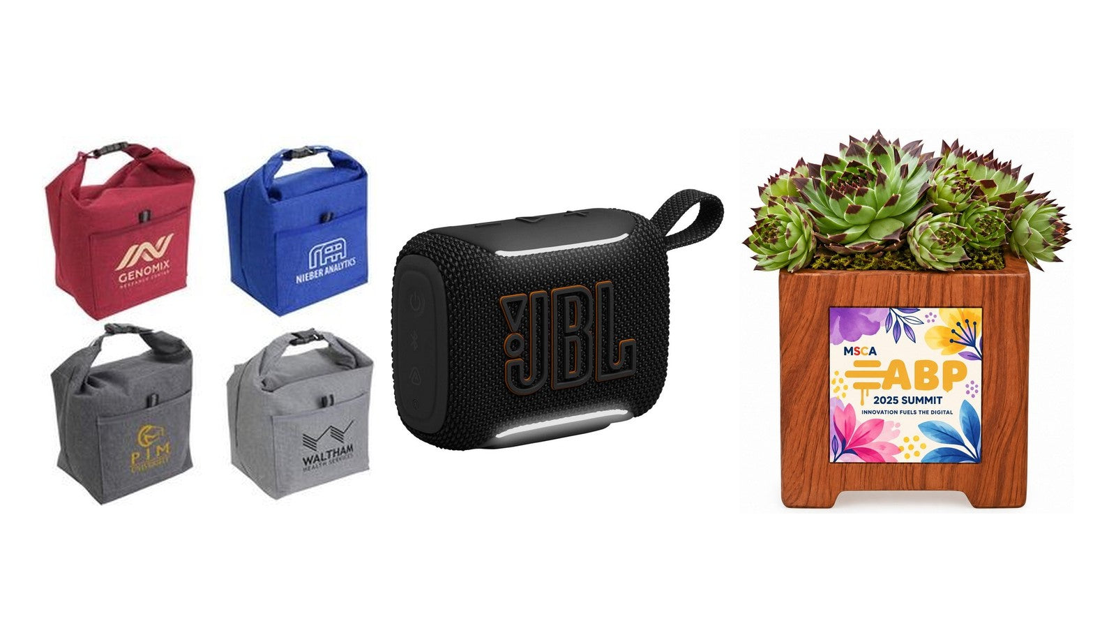 Employee holiday gift ideas: insulated lunch cooler, Bluetooth speaker, and desk gift set.